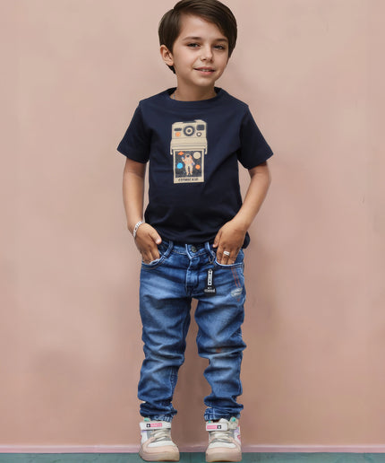 Half Sleeve Boys Navy Tshirt with Camera Print