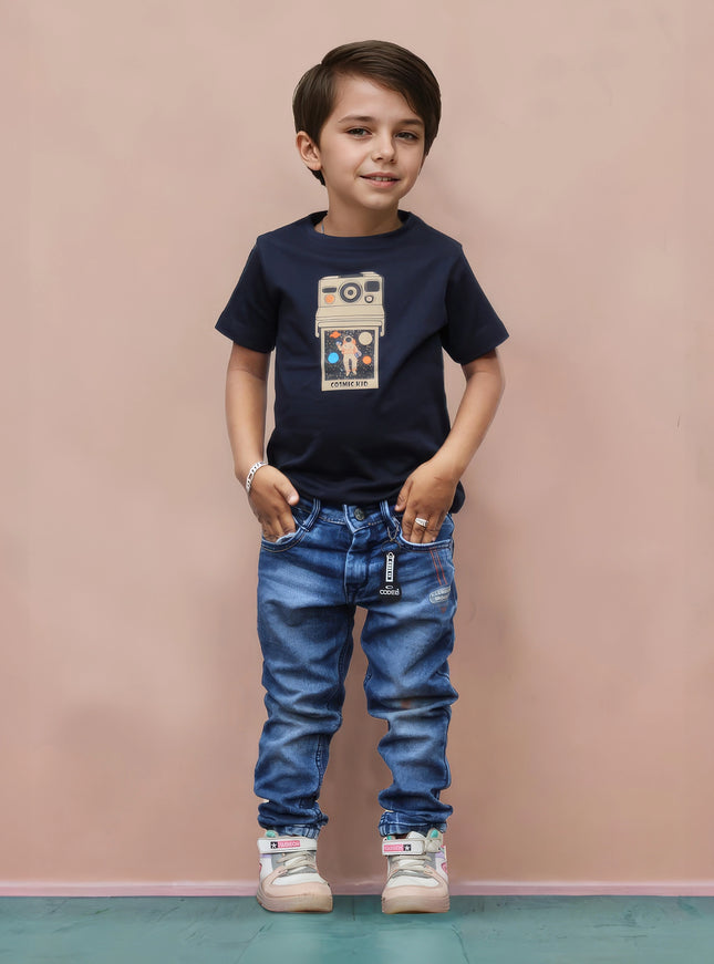 Half Sleeve Boys Navy Tshirt with Camera Print