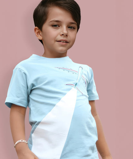 Half Sleeve Boys Grey Tshirt with Flight Print