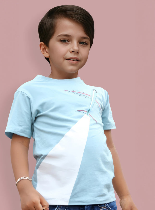 Half Sleeve Boys Grey Tshirt with Flight Print