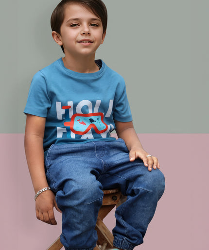 Half Sleeve Boys Blue Tye & Dye T-shirt with Holiday Print