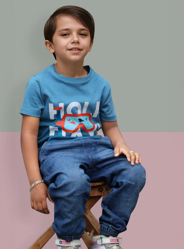 Half Sleeve Boys Blue Tye & Dye T-shirt with Holiday Print