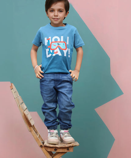 Half Sleeve Boys Blue Tye & Dye T-shirt with Holiday Print