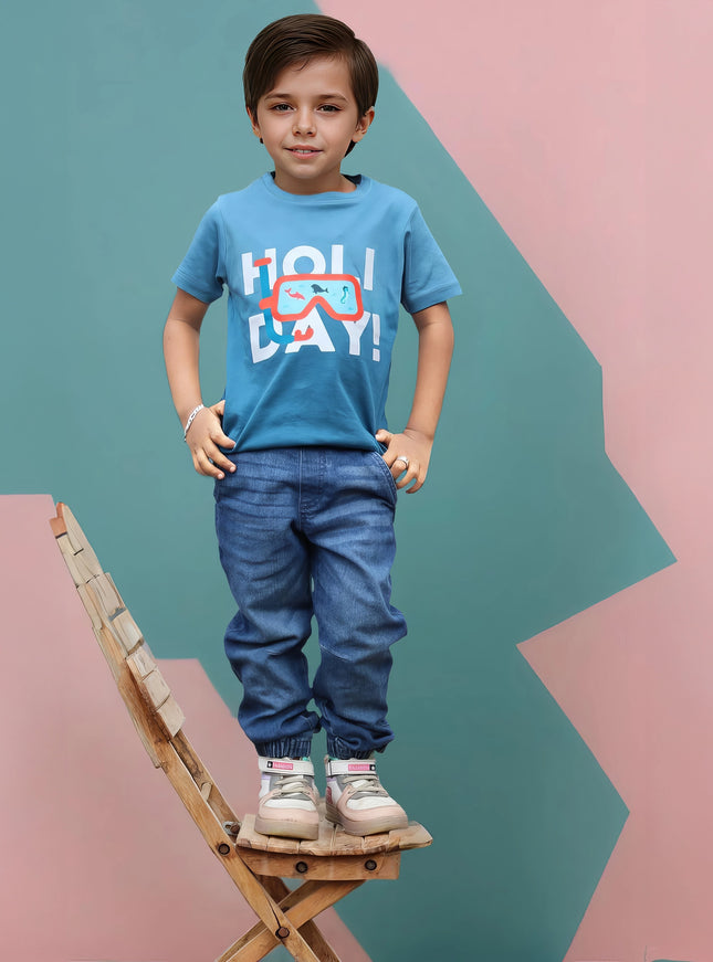 Half Sleeve Boys Blue Tye & Dye T-shirt with Holiday Print