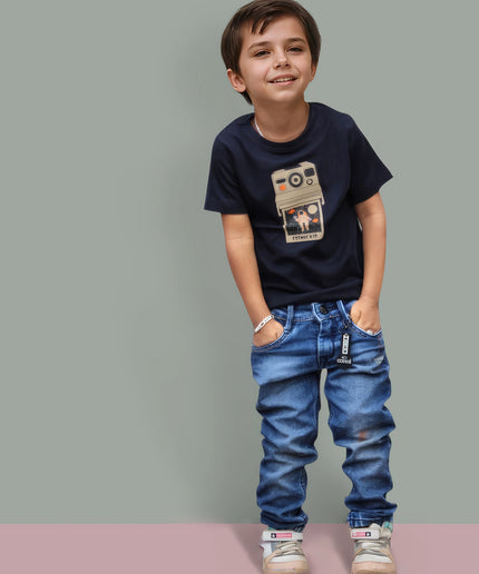 Half Sleeve Boys Navy Tshirt with Camera Print