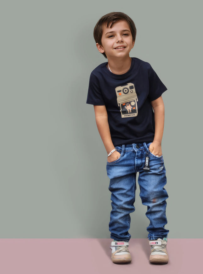 Half Sleeve Boys Navy Tshirt with Camera Print