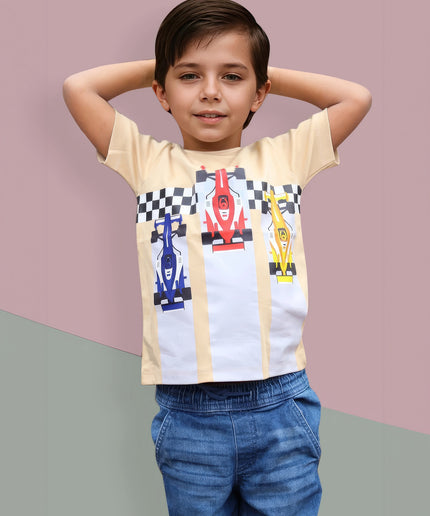 Half Sleeve Boys Beige Tshirt with Racing car Print