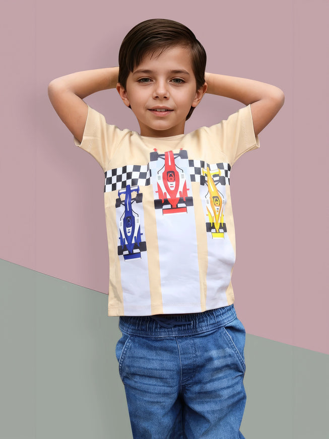 Half Sleeve Boys Beige Tshirt with Racing car Print