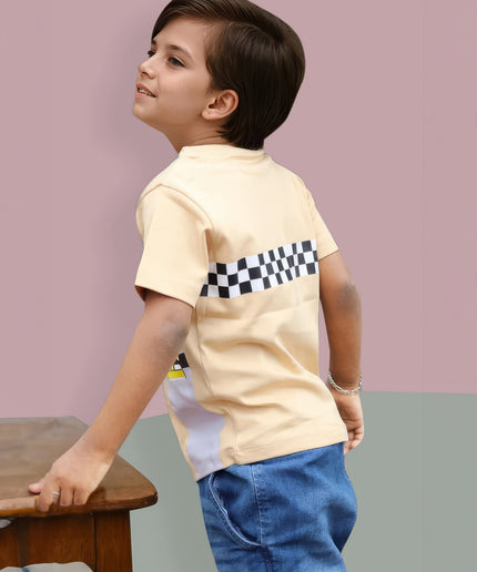 Half Sleeve Boys Beige Tshirt with Racing car Print