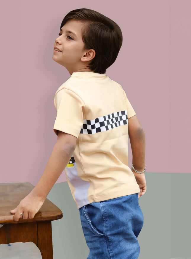 Half Sleeve Boys Beige Tshirt with Racing car Print