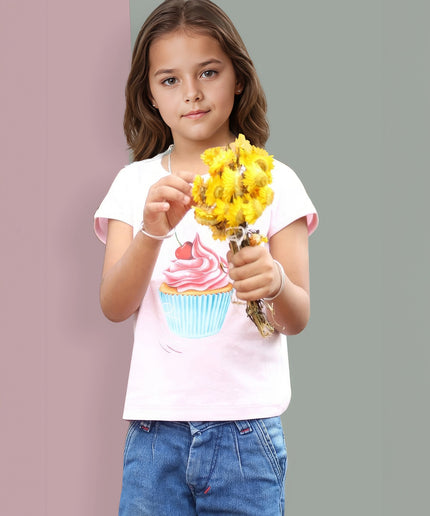 Half Sleeve Girls Pink Tshirt with CupCake Print