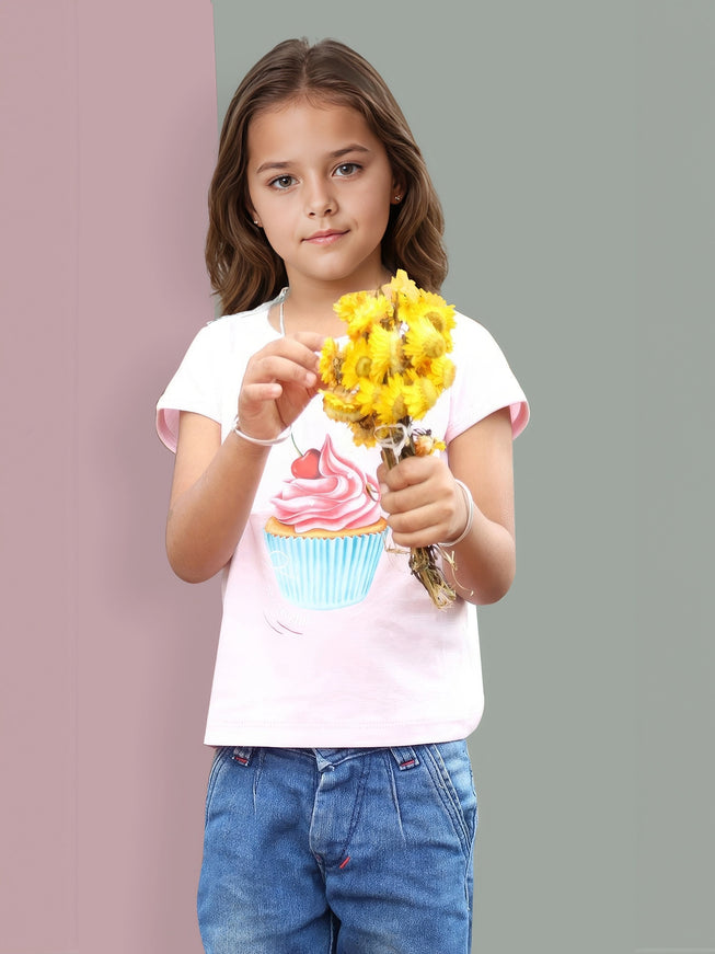 Half Sleeve Girls Pink Tshirt with CupCake Print