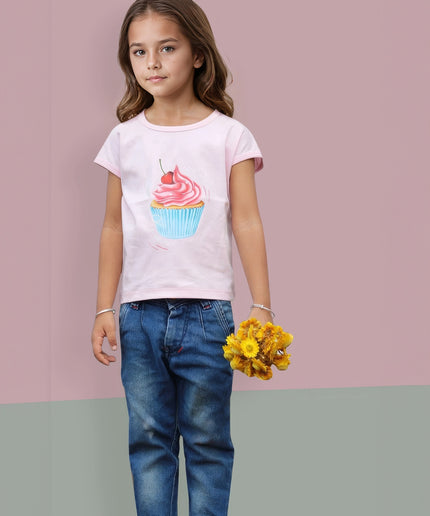 Half Sleeve Girls Pink Tshirt with CupCake Print