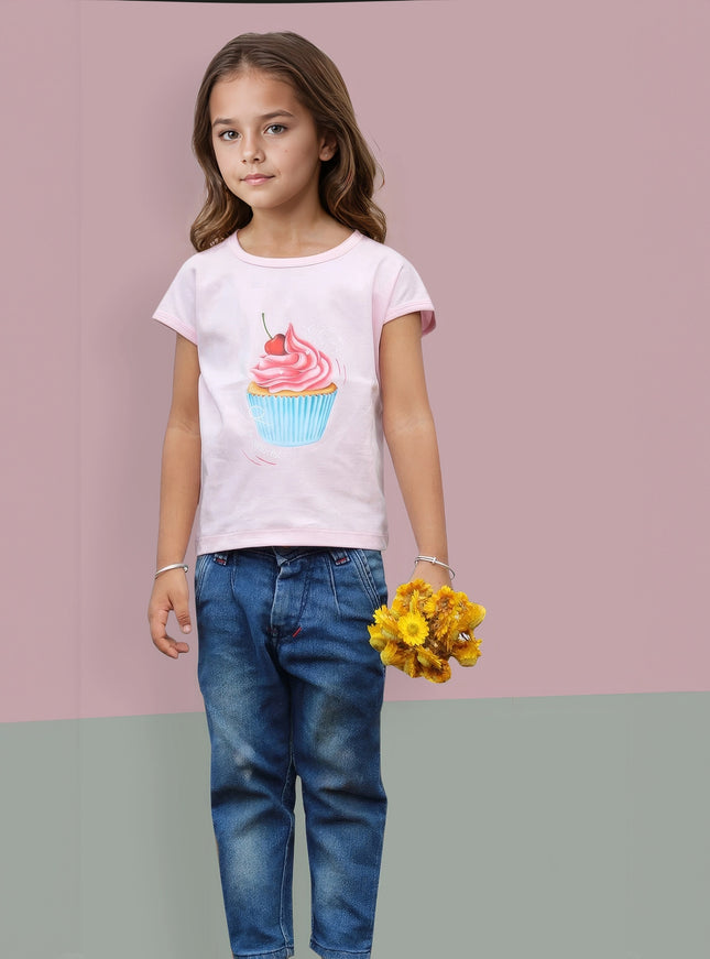 Half Sleeve Girls Pink Tshirt with CupCake Print