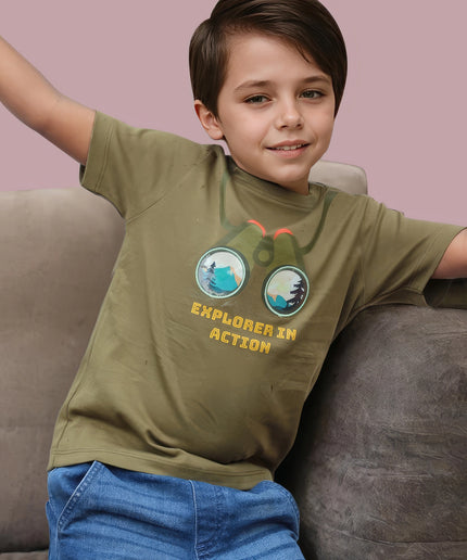 Half Sleeve Boys Green Tshirt with Binoculars Print