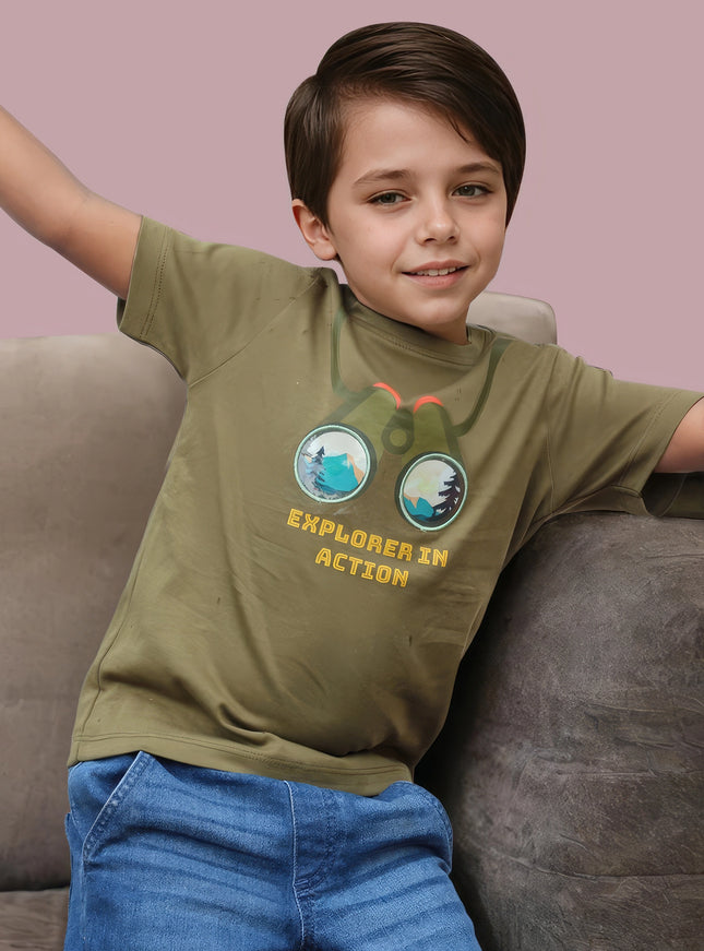 Half Sleeve Boys Green Tshirt with Binoculars Print